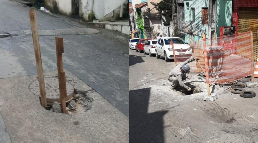 [Buraco abre em rua de Pernambués; reparo já está sendo feito]