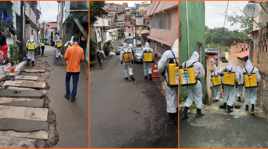 [Moradores acompanham de perto serviço de higienização em combate à dengue e Covid-19, em ruas de Pernambués ]